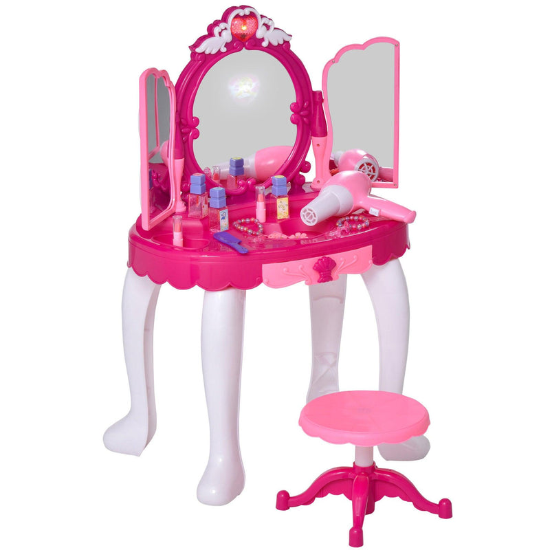 Qaba Infrared Remote Control Kids Vanity Set, Girls Pretend Dressing Table Set with Magic Wand, Music, Lightening, Cosmetic Mirror, Hair Dryer and Makeup Accessories - Supfirm