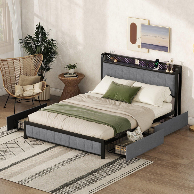 Queen Bed Frame with LED Headboard, Upholstered Bed with 4 Storage Drawers and USB Ports, Light Grey - Supfirm