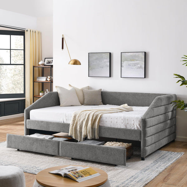 Queen Size Daybed with Two Drawers Trundle Upholstered Tufted Sofa Bed, Linen Fabric, Grey (88"x64.5"x34") - Supfirm