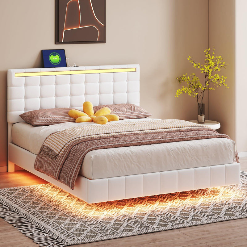 Queen Size Floating Bed Frame with LED Lights and USB Charging,Modern Upholstered Platform LED Bed Frame,White - Supfirm