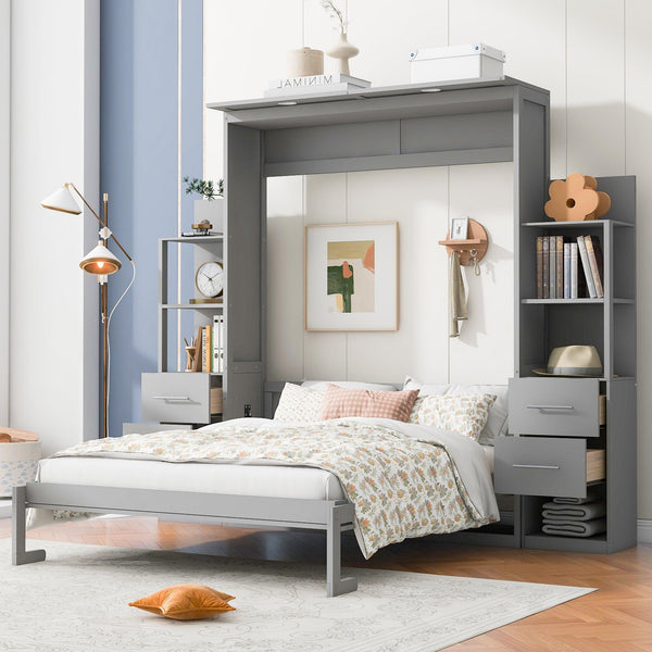 Queen Size Murphy Bed Wall Bed with Shelves, Drawers and LED Lights,Gray - Supfirm