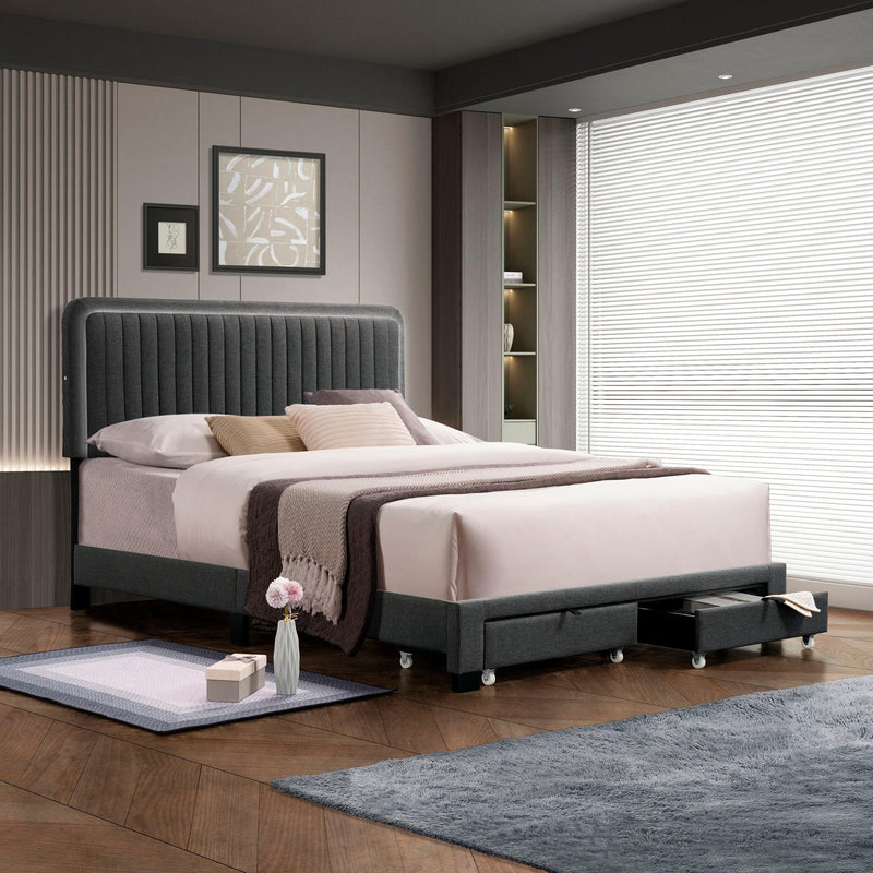 QUEEN SIZE UPHOLSTERED BED WITH ADJUSTABLE HEIGHT / MATTRESS 10 TO 14 INCHES / LED DESIGN WITH FOOTBOARD DRAWERS STORAGE / NO BOX SPRING REQUIRED DARK GRAY - Supfirm