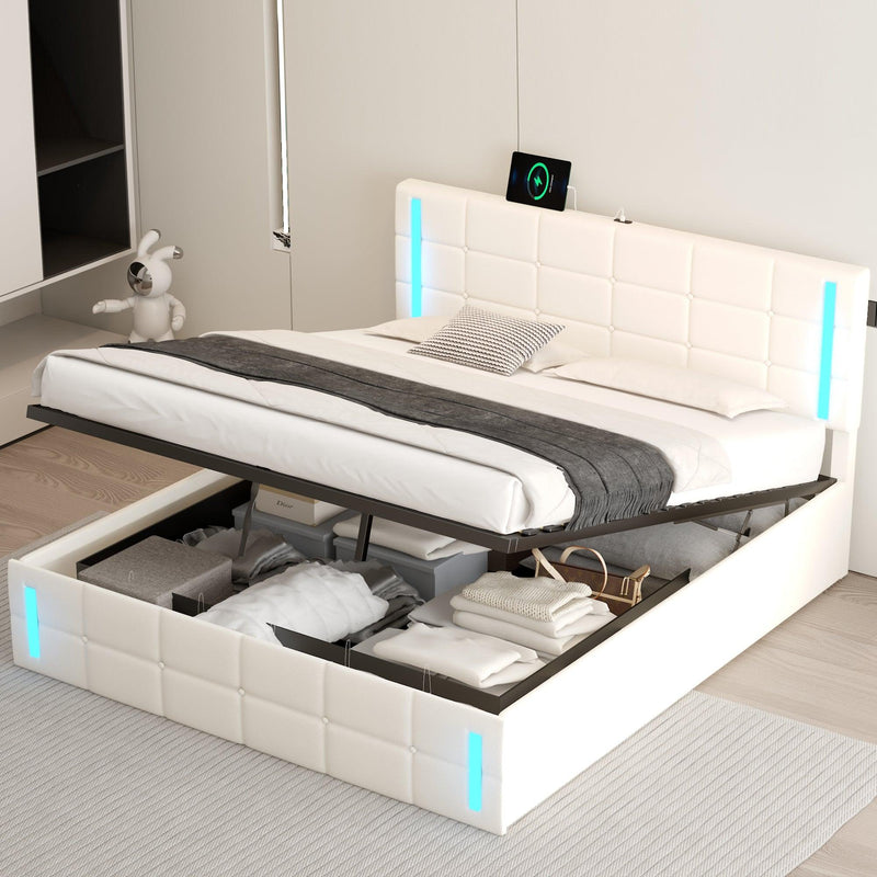 Queen Size Upholstered Bed with LED Lights,Hydraulic Storage System and USB Charging Station,White - Supfirm