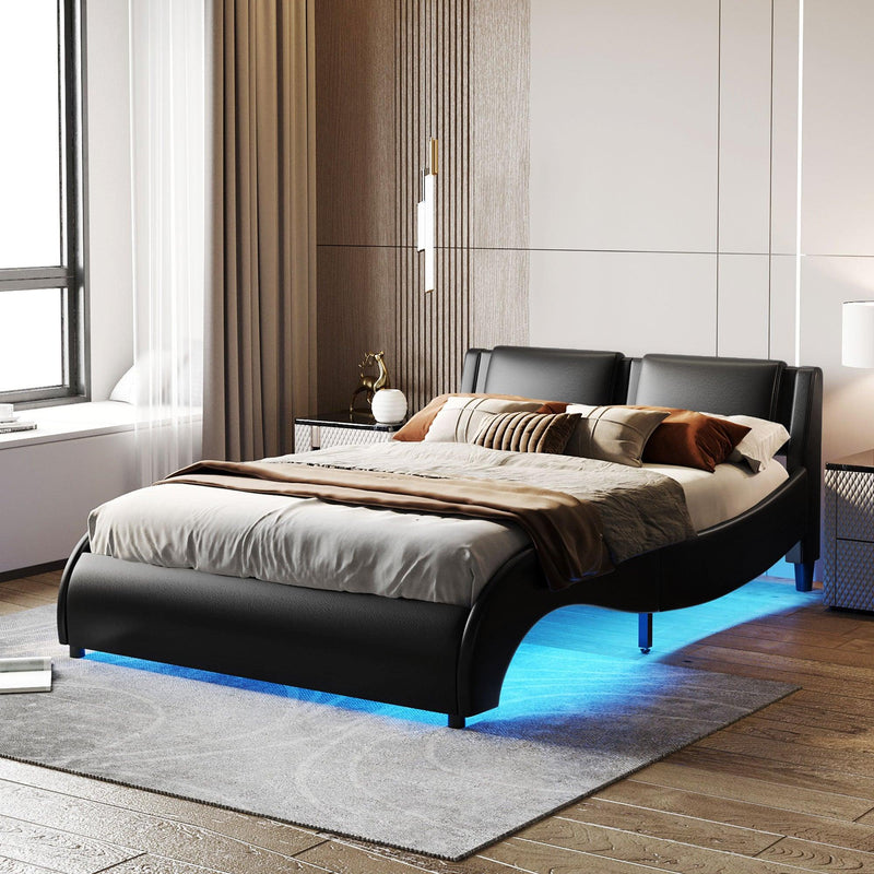 Queen Size Upholstered Faux Leather Platform Bed with LED Light Bed Frame with Slatted - Black - Supfirm