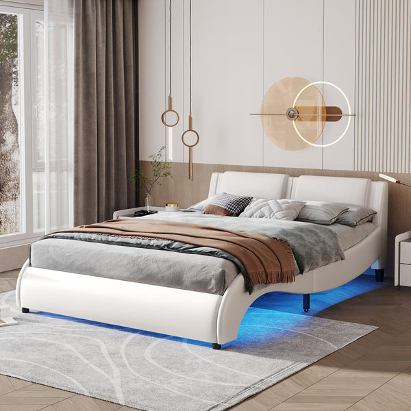 Queen Size Upholstered Faux Leather Platform Bed with LED Light Bed Frame with Slatted - White - Supfirm