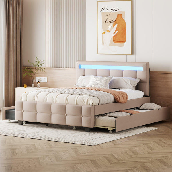 Queen Size Upholstered Platform Bed with LED Frame, with Twin XL Size Trundle and 2 drawers, Linen Fabric, Beige - Supfirm