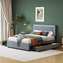 Queen Size Upholstered Platform Bed with Rivet-decorated Headboard, LED bed frame and 4 Drawers, Gray - Supfirm