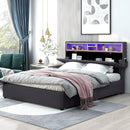 Queen Size Upholstered Platform Bed with Storage Headboard, LED, USB Charging and 2 Drawers, Dark Gray - Supfirm