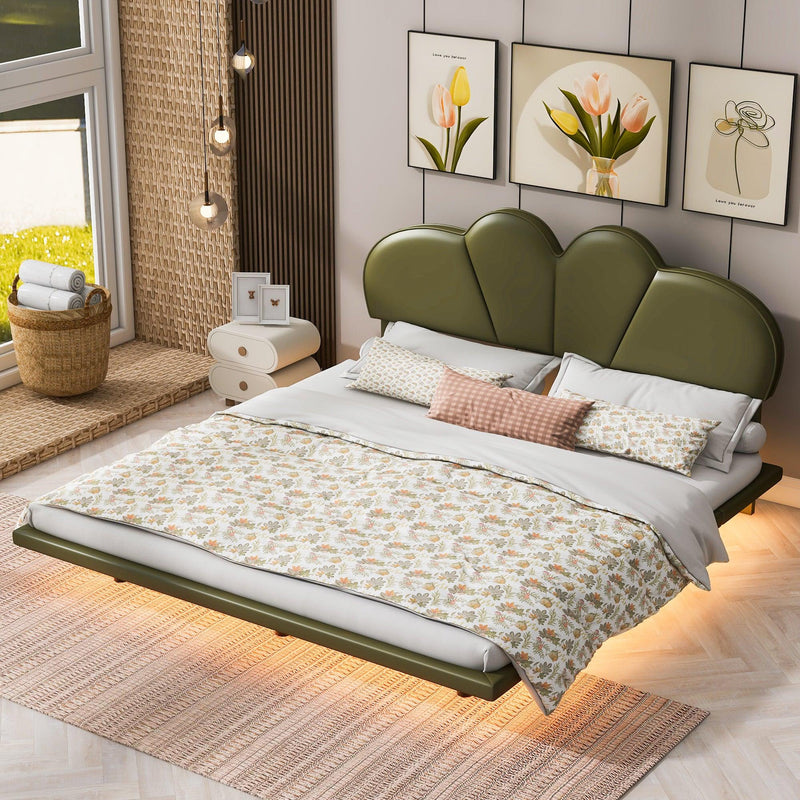 Queen Size Upholstery LED Floating Bed with PU Leather Headboard and Support Legs,Green - Supfirm