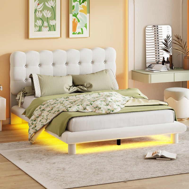 Queen Size Velvet Platform Bed with LED Frame, Thick & Soft Fabric and Button-tufted Design Headboard, Beige - Supfirm