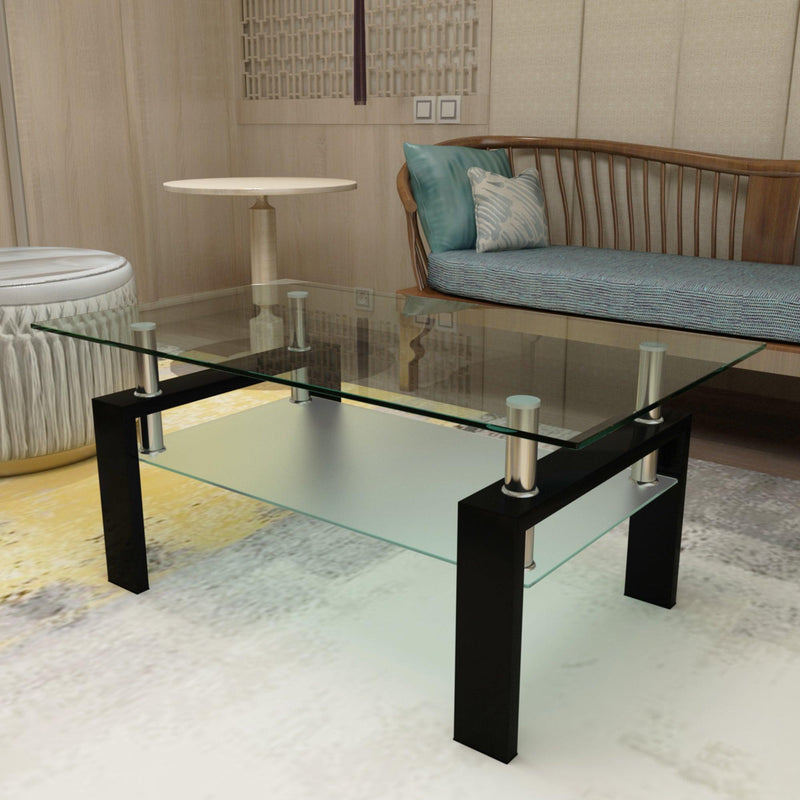 Supfirm Rectangle Black Glass Coffee Table, Clear Coffee Table，Modern Side Center Tables for Living Room， Living Room Furniture - Supfirm