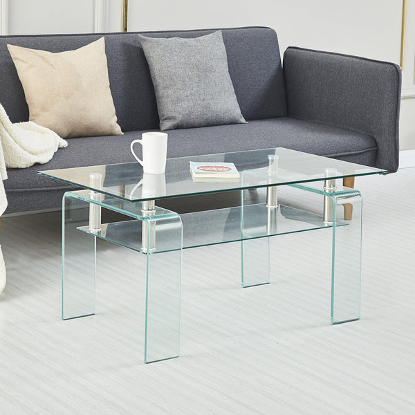 Supfirm Rectangle Clear Glass Coffee Table, Modern Glass Coffee Table for Living Room, 2-Tier Storage Center Coffee Table,Tempered Glass Tea Table - Supfirm