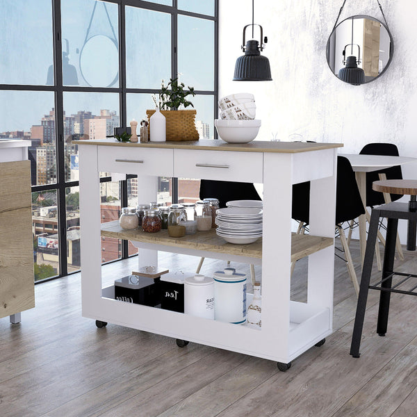 Rockaway 2-Drawer 2-Shelf Kitchen Island White and Light Oak - Supfirm