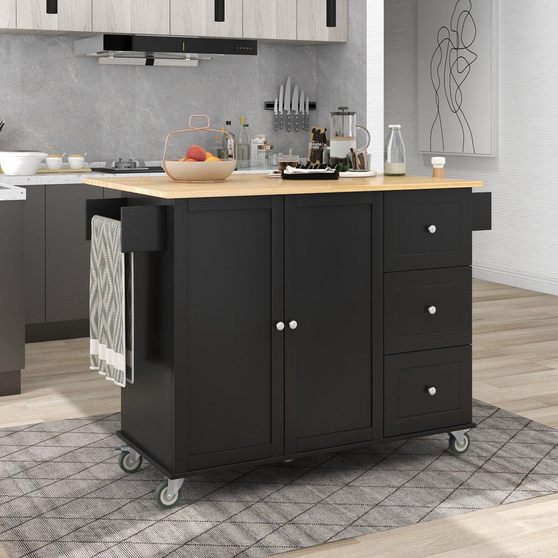 Rolling Mobile Kitchen Island with Solid Wood Top and Locking Wheels,52.7 Inch Width,Storage Cabinet and Drop Leaf Breakfast Bar,Spice Rack, Towel Rack & Drawer (Black) - Supfirm