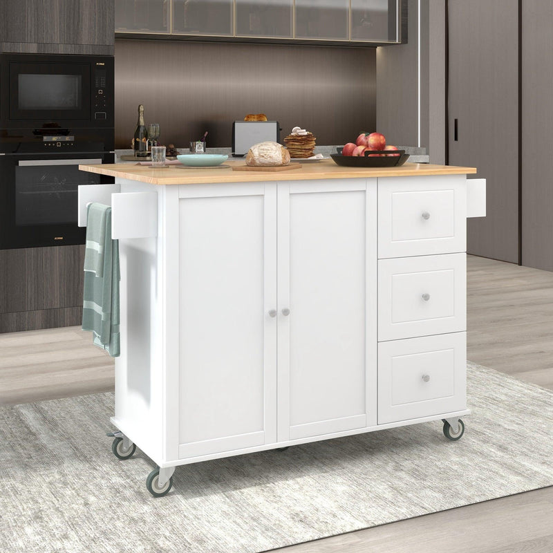 Rolling Mobile Kitchen Island with Solid Wood Top and Locking Wheels,52.7 Inch Width,Storage Cabinet and Drop Leaf Breakfast Bar,Spice Rack, Towel Rack & Drawer (White) - Supfirm