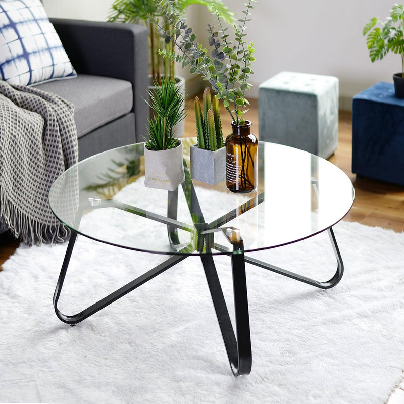 Round Coffee Table for Living Room, 31.5-inch Modern Sofa Side End Table with Tempered Glass Top & Metal Legs, Accent Cocktail Tea Table, 31.5 x 31.5 x 15.6 inches, Black - Supfirm