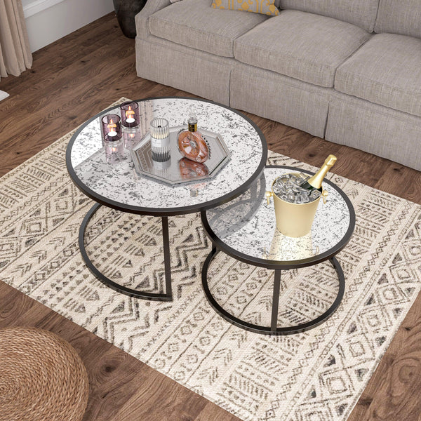 Supfirm Round Coffee Table Set of 2 Set of 2 Nesting Tables, Metal Frame & Glass Top End Tables for Living Room Bedroom - Supfirm