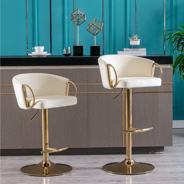 Set of 2 Bar Kitchen Stools Seat,with Chrome Footrest and Base Swivel Height Adjustable Mechanical Lifting Velvet + Golden Leg Simple Bar Stool-Ivory - Supfirm