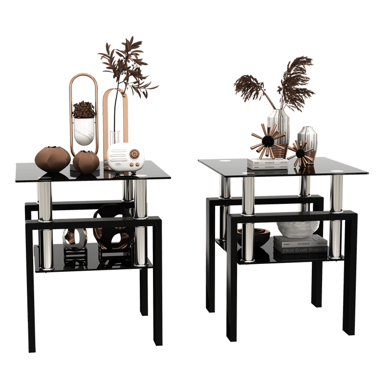 Supfirm Set of 2, Modern Tempered Glass Tea Table Coffee Table End Table, Square Table for Living Room, Black - Supfirm