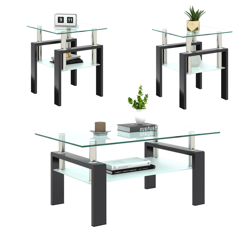 Supfirm Set of 2, Modern Tempered Glass Tea Table Coffee Table End Table, Square Table for Living Room, Transparent/Black - Supfirm