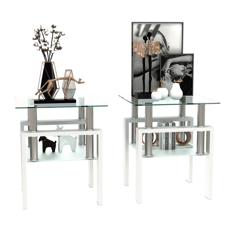 Supfirm Set of 2, Modern Tempered Glass Tea Table Coffee Table End Table, Square Table for Living Room, Transparent/White - Supfirm