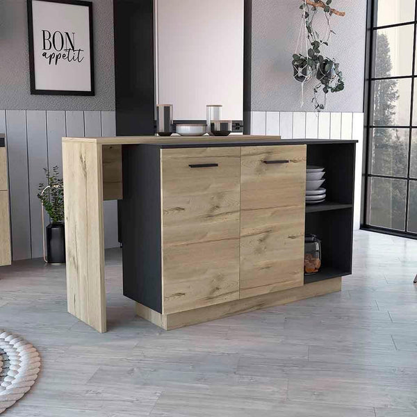 Sicilia Kitchen Island, Two External Shelves, Double Door Cabinets, Three Shelves -Black / Light Oak - Supfirm