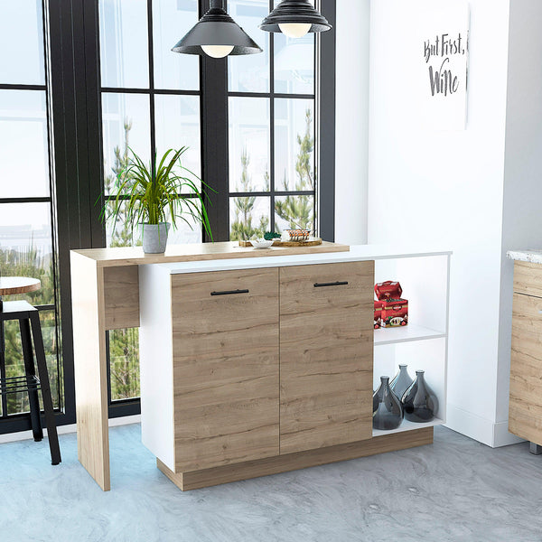 Sicilia Kitchen Island, Two External Shelves, Double Door Cabinets, Three Shelves -White / Light Oak - Supfirm