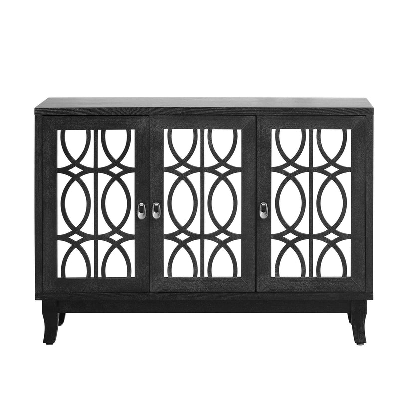 Supfirm Sideboard with Glass Doors, 3 Door Mirrored Buffet Cabinet with Silver Handle for Living Room, Hallway, Dining Room (Black) - Supfirm
