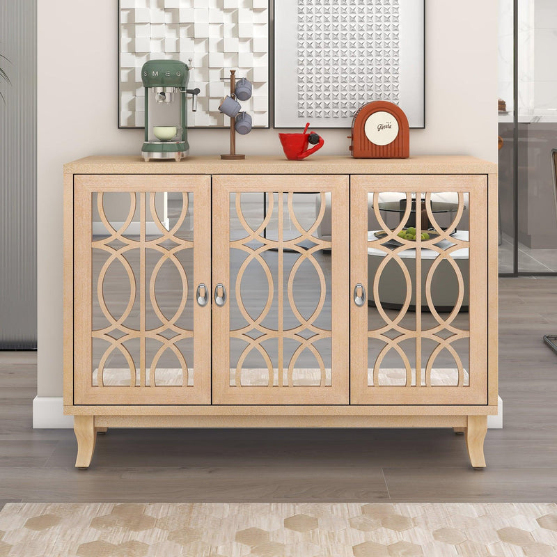 Supfirm Sideboard with Glass Doors, 3 Door Mirrored Buffet Cabinet with Silver Handle for Living Room, Hallway, Dining Room (Natural Wood Wash) - Supfirm