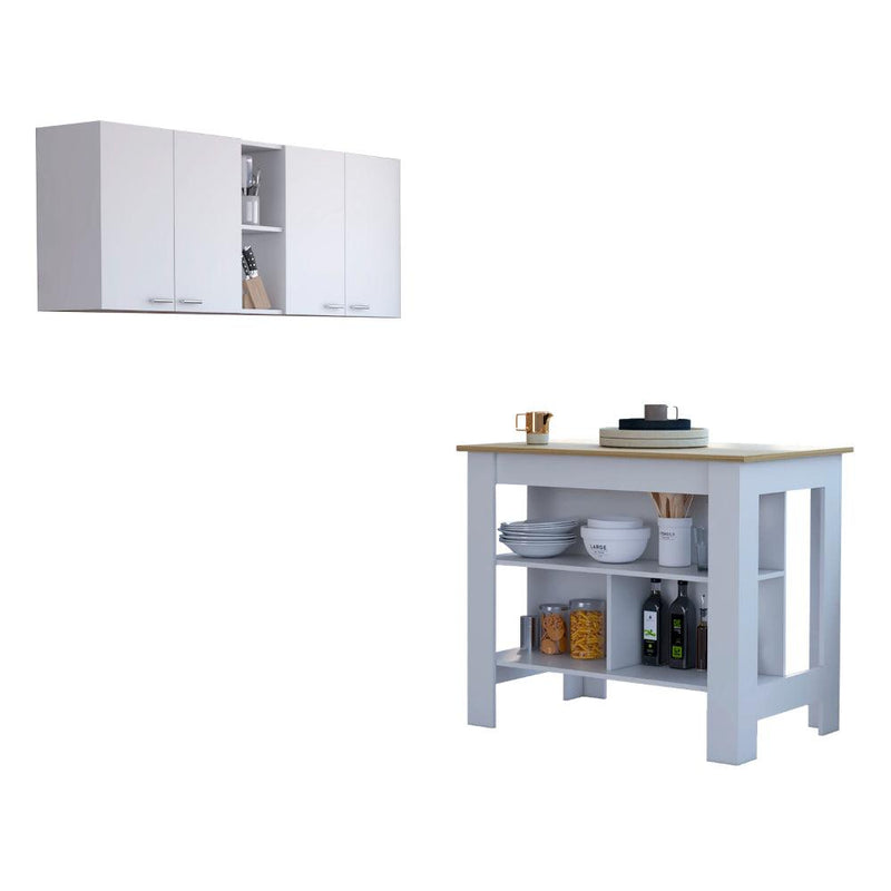 Sierra 7-Shelf 4-Door 2-piece Kitchen Set, Upper Wall Cabinet and Kitchen Island White and Light Oak - Supfirm