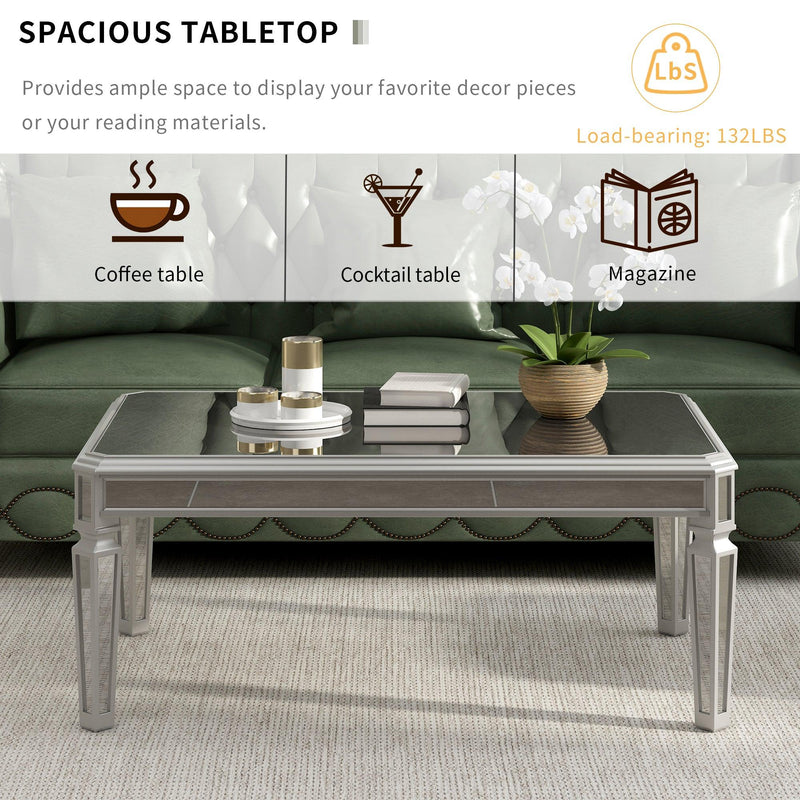 Supfirm Sleek Glass Mirrored Coffee Table with Adjustable Legs, Easy Assembly Cocktail Table with Sturdy Design, Luxury Contemporary Center Table for Living Room, Silver - Supfirm