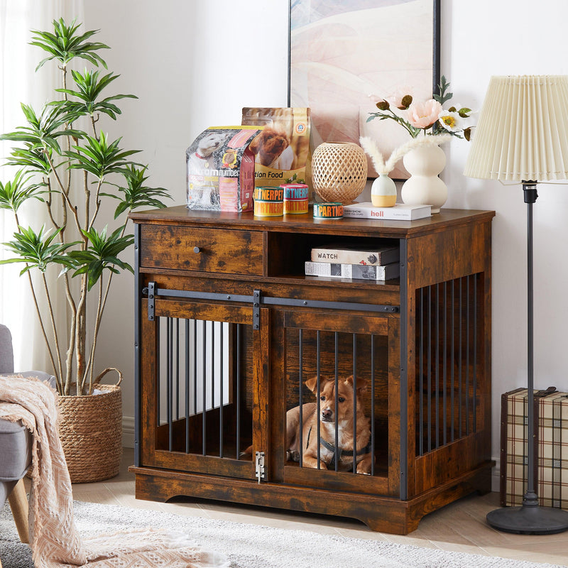 Sliding door dog crate with drawers. Rustic Brown, 35.43'' W x 23.62'' D x 33.46'' H - Supfirm