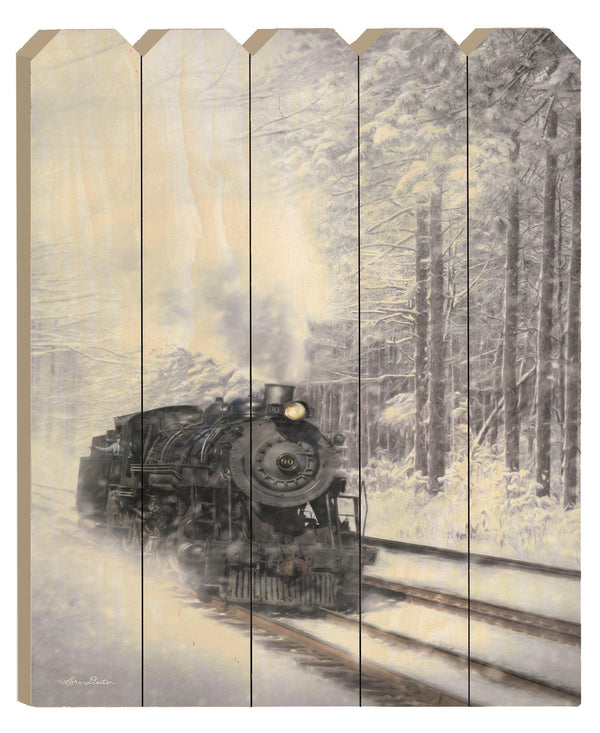 Supfirm "Snowy Locomotive" By Artisan Lori Deiter, Printed on Wooden Picket Fence Wall Art - Supfirm