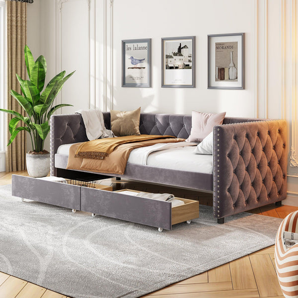 Sofa bed with drawers, modern velvet upholstered sofa bed with button tufted sofa bed frame with double drawers, bedroom living room furniture, Grey(83.47''x42.91''x30.71''') - Supfirm