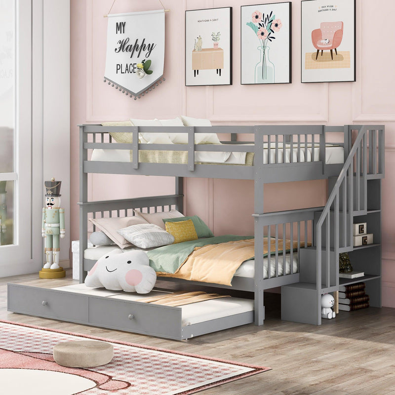 Stairway Full-Over-Full Bunk Bed with Twin size Trundle, Storage and Guard Rail for Bedroom, Dorm - Gray(OLD SKU :LP001210AAE) - Supfirm