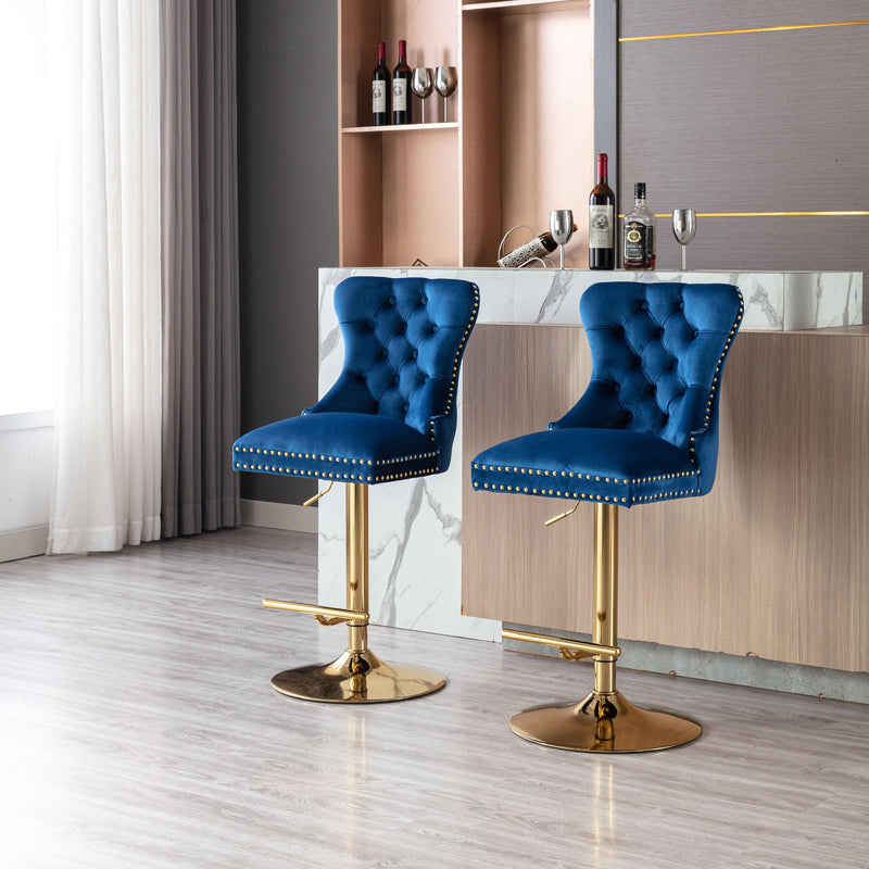 Swivel Bar Stools Seat Chair Set of 2 Modern Adjustable Counter Height Bar Stools, Velvet Upholstered Stool with Tufted High Back & Ring Pull for Kitchen , Chrome Golden Base, Blue - Supfirm