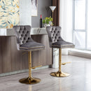 Swivel Bar Stools Seat Chair Set of 2 Modern Adjustable Counter Height Bar Stools, Velvet Upholstered Stool with Tufted High Back & Ring Pull for Kitchen , Chrome Golden Base, Grey - Supfirm