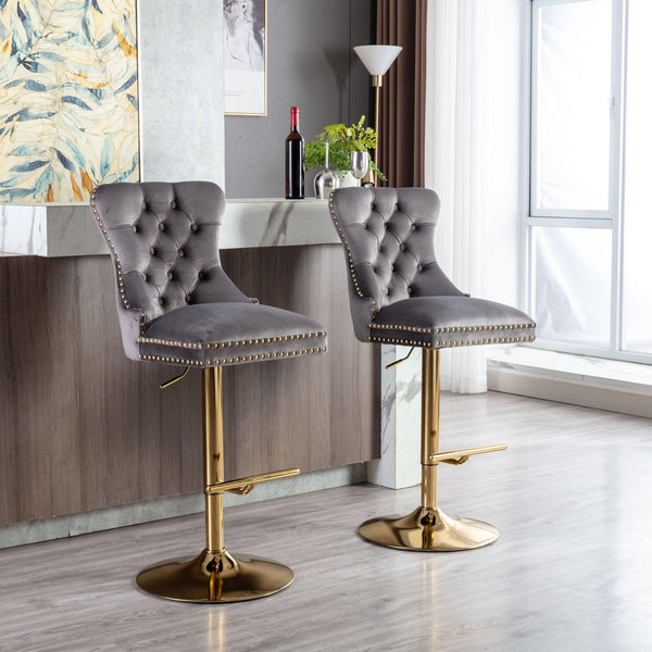 Swivel Bar Stools Seat Chair Set of 2 Modern Adjustable Counter Height Bar Stools, Velvet Upholstered Stool with Tufted High Back & Ring Pull for Kitchen , Chrome Golden Base, Grey - Supfirm