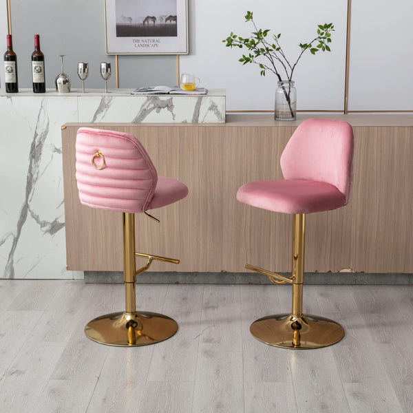 Swivel Bar Stools Seat Chair Set of 2 Modern Adjustable Counter Height Bar Stools, Velvet Upholstered Stool with Tufted High Back & Ring Pull for Kitchen ,Chrome Golden Base,Pink - Supfirm