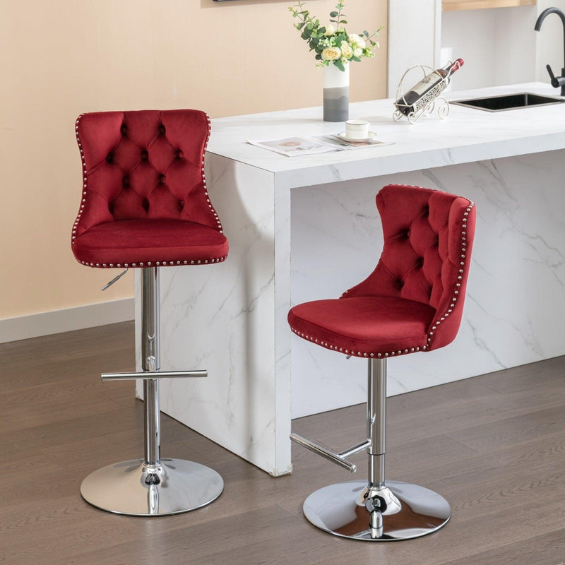 Swivel Velvet Barstools Adjusatble Seat Height from 25-33 Inch, Chrome base Bar Stools with Backs Comfortable Tufted for Home Pub and Kitchen Island, Wine Red,Burgundy,Set of 2,1712WR - Supfirm