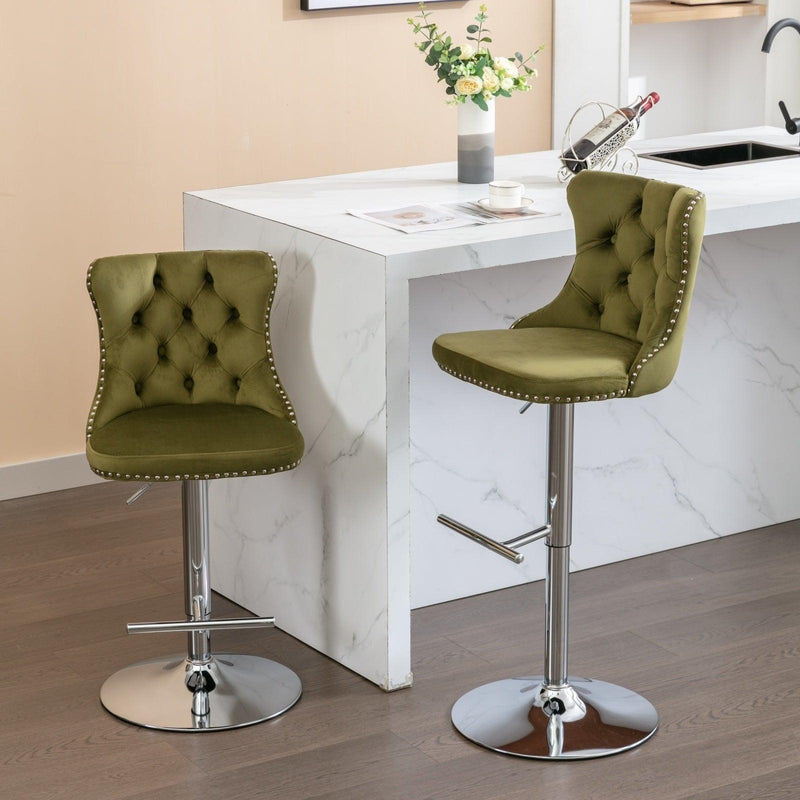 Swivel Velvet Barstools Adjusatble Seat Height from 25-33 Inch, Modern Upholstered Chrome base Bar Stools with Backs Comfortable Tufted for Home Pub and Kitchen Island, Olive-Green,Set of 2,1712OL - Supfirm