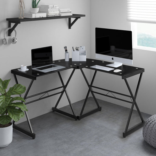 Techni Mobili L-Shaped Glass Computer Desk, Black - Supfirm