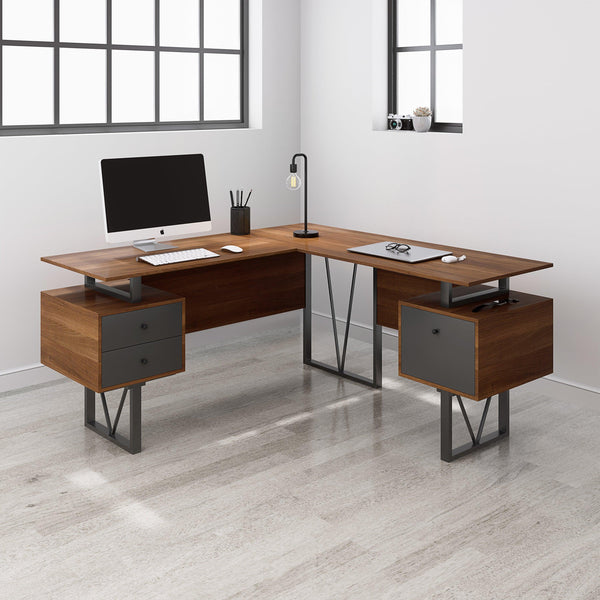 Techni Mobili Reversible L-Shape Computer Desk with Drawers and File Cabinet, Walnut - Supfirm