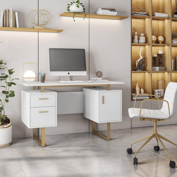 Techni Mobili White and Gold Desk for Office with Drawers & Storage, 51.25 in. W - Supfirm