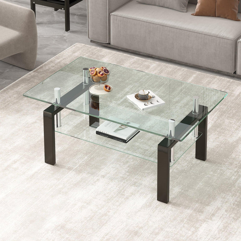 Supfirm Tempered Clear Glass Coffee Table, 2-Layers Coffee Table Living Room Center Table - Supfirm