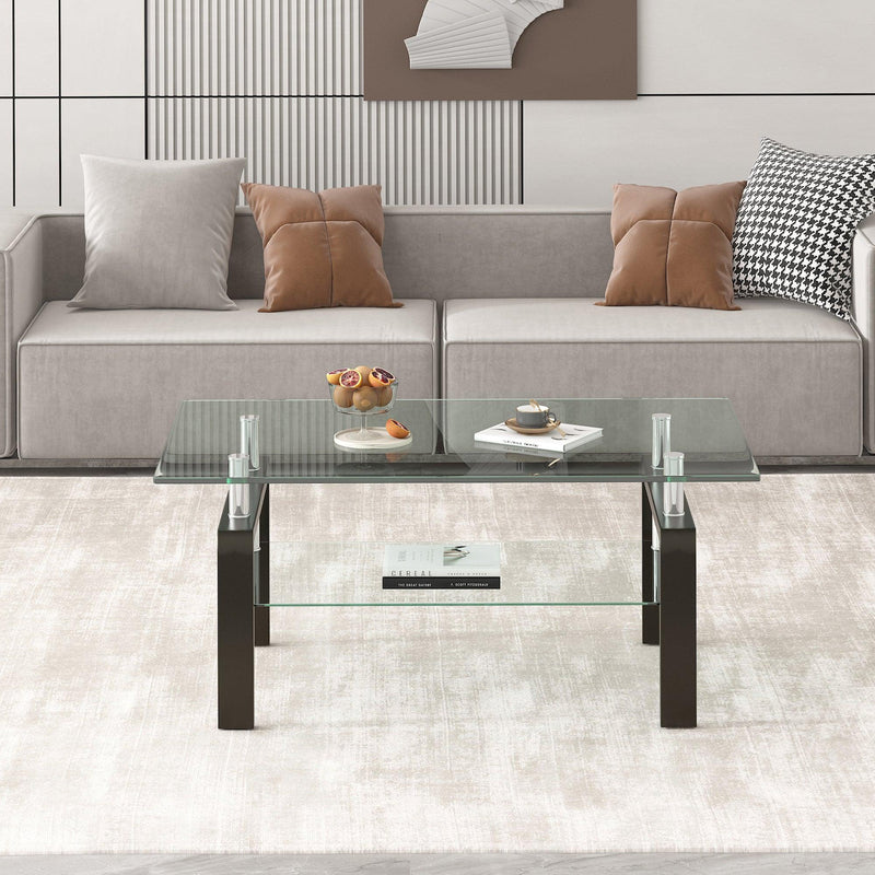 Supfirm Tempered Clear Glass Coffee Table, 2-Layers Coffee Table Living Room Center Table - Supfirm