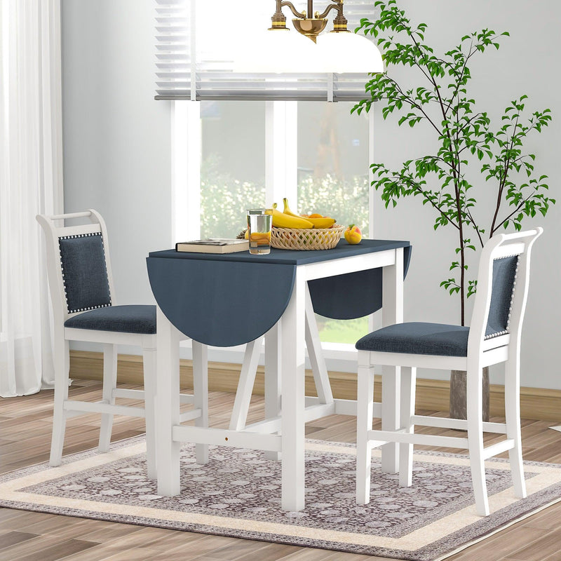 TOPMAX 3-Piece Wood Counter Height Drop Leaf Dining Table Set with 2 Upholstered Dining Chairs for Small Place, White+Gray - Supfirm