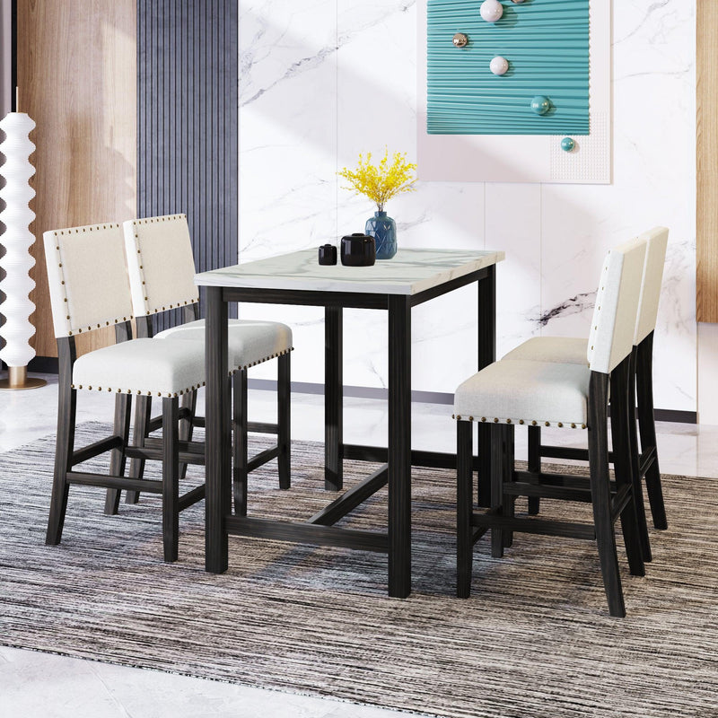 TOPMAX 5 Piece Rustic Wooden Counter Height Dining Table Set with 4 Upholstered Chairs for Small Places, Faux Marble Top+Black Body - Supfirm