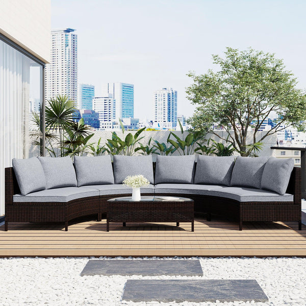 TOPMAX 5 Pieces All-Weather Brown PE Rattan Wicker Sofa Set Outdoor Patio Sectional Furniture Set Half-Moon Sofa Set with Tempered Glass Table, Gray - Supfirm