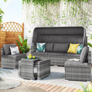 TOPMAX 5 Pieces Outdoor Sectional Patio Rattan Sofa Set Rattan Daybed , PE Wicker Conversation Furniture Set w/ Canopy and Tempered Glass Side Table, Gray - Supfirm